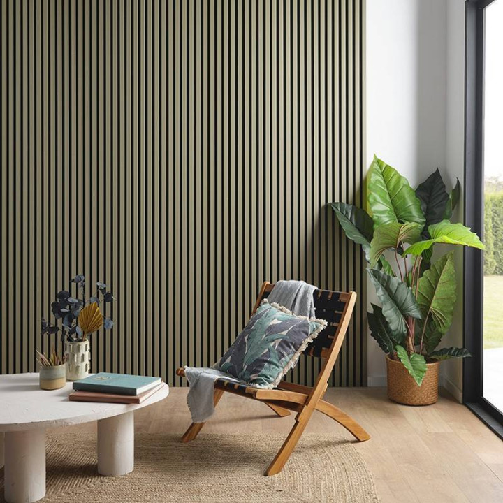 Salon panneau tasseau bois vert kaki