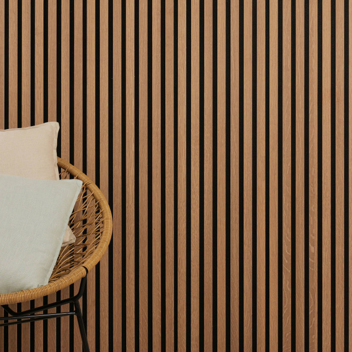 Mur tasseau bois - panneau lamelles chêne doré 250 x 30 cm | DECOON