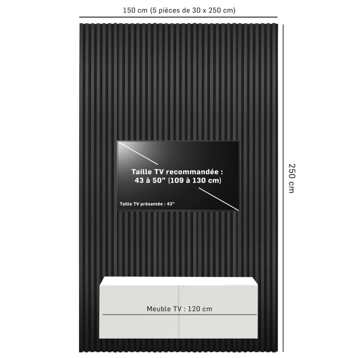 Mur TV - Lot de 5 panneaux tasseau bois - noir 250 x 30 cm | DECOON