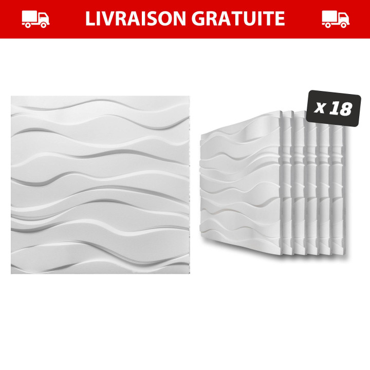 x18 Panneau Polystyrène Décoratif 3D effet Vagues - 60x60x3 cm - 6,48m2