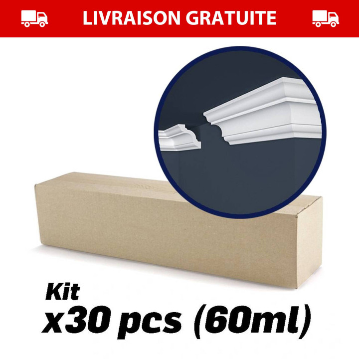 Kit 60ml 30 pièces Corniche plafond polystyrène - modèle structuré - 200x8x8 cm