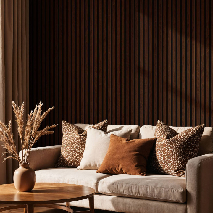 Panneau tasseaux bois 250 x30 cm - décor chêne foncé | DECOON