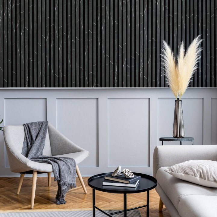 Panneau Mural acoustique tasseaux bois 120 cm - Marbre noir | Decoon
