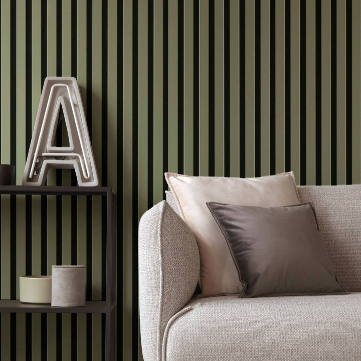 Mur tasseau bois - panneau tasseau déco vert kaki 250 x 30 cm | DECOON