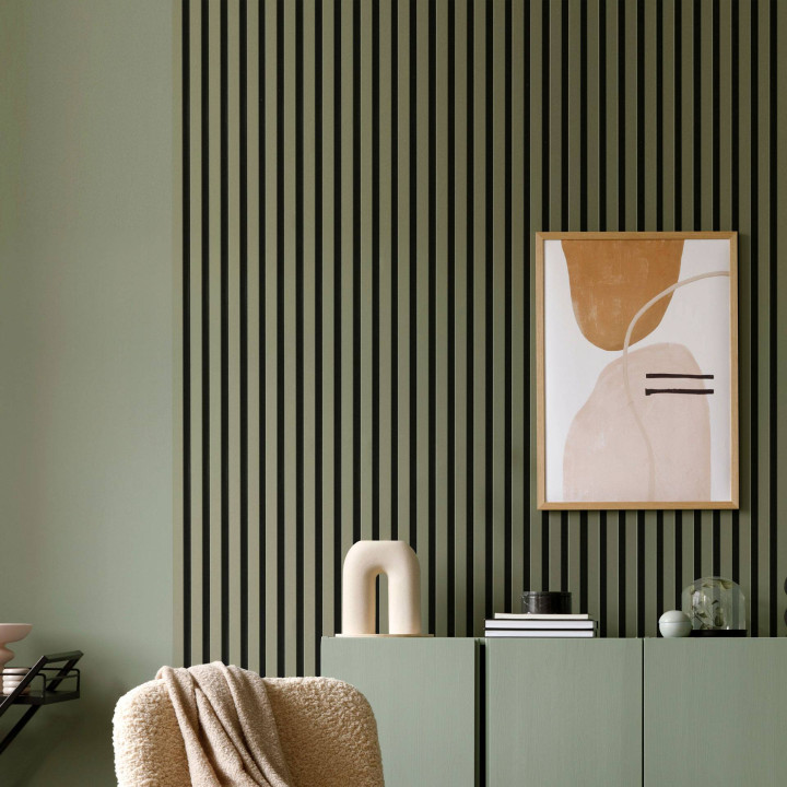 Mur tasseau bois - panneau tasseau déco vert kaki 250 x 30 cm | DECOON