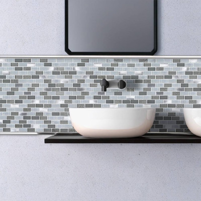 Plaque Mosaique Verre & Alu - Blanc et Gris - barrettes - Decoon