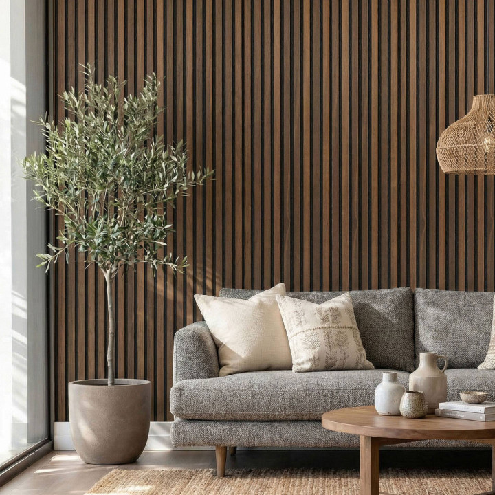 Mur tasseau bois - panneau lamelles chêne foncé 250 x 30 cm | DECOON