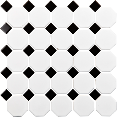 MAT INTER - Feuille 290x290x6mm - Porcelaine hexagone blanc 55mm - Cabochon noir 30mm
