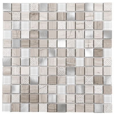 MAT INTER - Feuille 305x305 - Tesselle 23x23x4mm - Mix alu / verre / marbre poli / grave gris / wooden