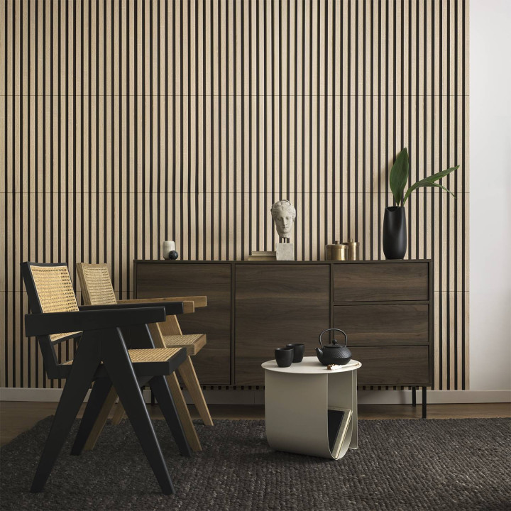 Panneau tasseaux bois 60 x 60 x 1,9 cm - décor chêne clair fond noir - 0,36m²