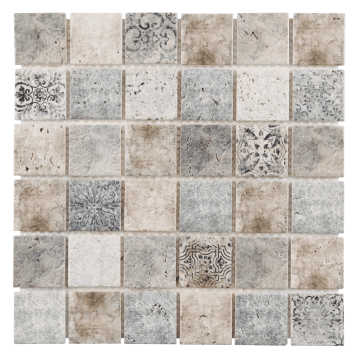 MAT INTER - Feuille 302x302x8mm - Tesselle 48x48 - Travertin peint patchwork - Style méditerranéen