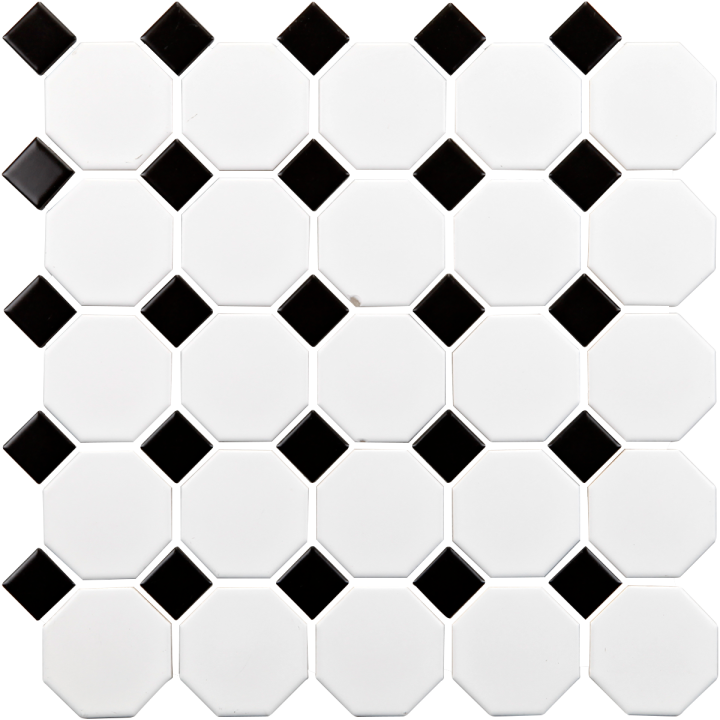 MAT INTER - Feuille 290x290x6mm - Porcelaine hexagone blanc 55mm - Cabochon noir 30mm