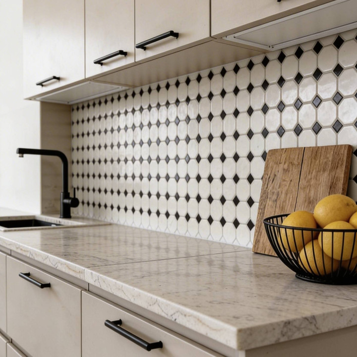 MAT INTER - Feuille 290x290x6mm - Porcelaine hexagone blanc 55mm - Cabochon noir 30mm