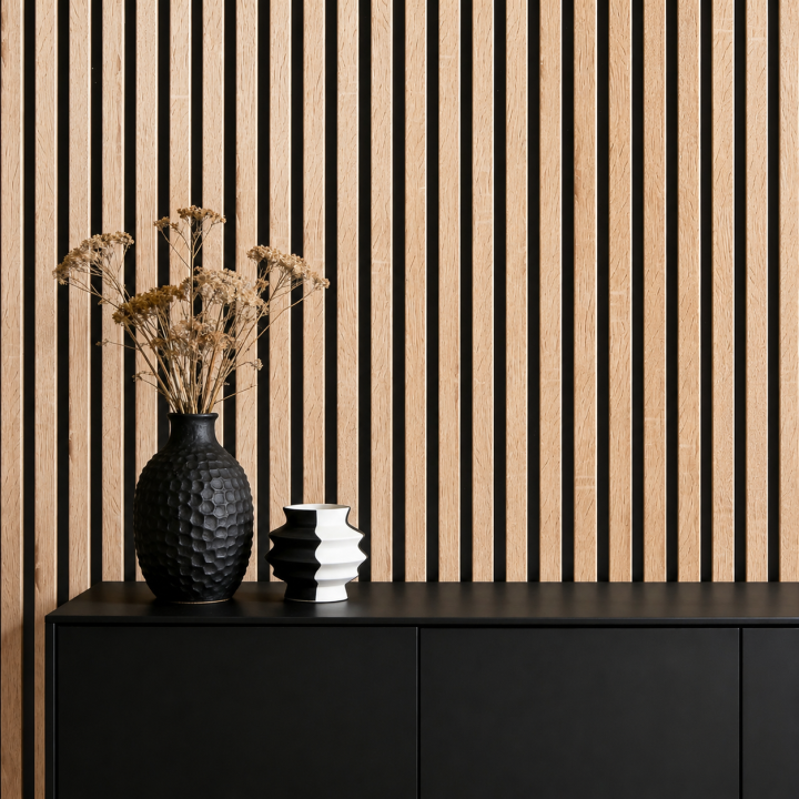 Panneaux tasseaux bois 120 x 21,6 cm décor chêne/fond rigide noir | DECOON