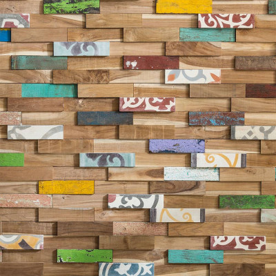 Parement mix Teck & Carreaux de ciment – Plaquette puzzle | DECOON