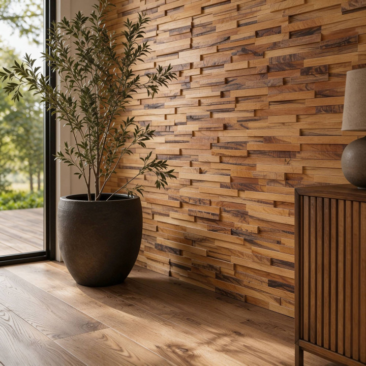 Parement mural en bois teck recyclé vieilli - 5 pcs