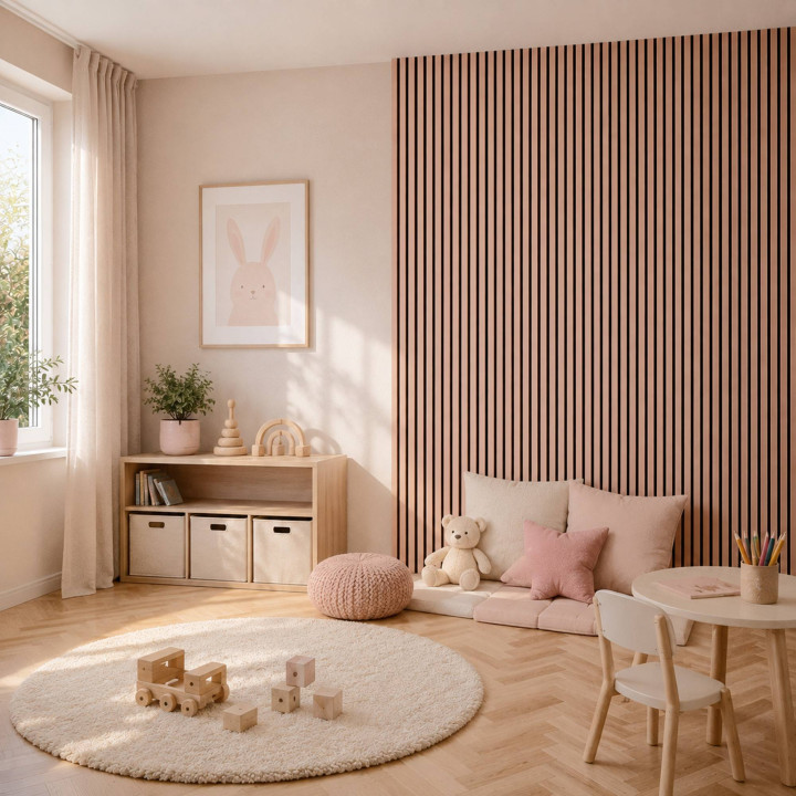 Panneau tasseaux bois 250 x 30 cm - rose pastel/feutrine noir |DECOON