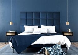 lit avec tête de lit capitonnée bleue